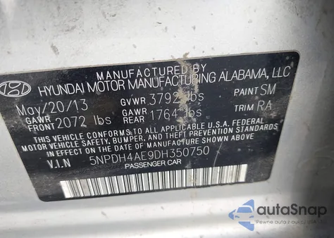 2013 Hyundai Elantra Gls z USA, uszkodzony, nr VIN 5NPDH4AE9DH350750